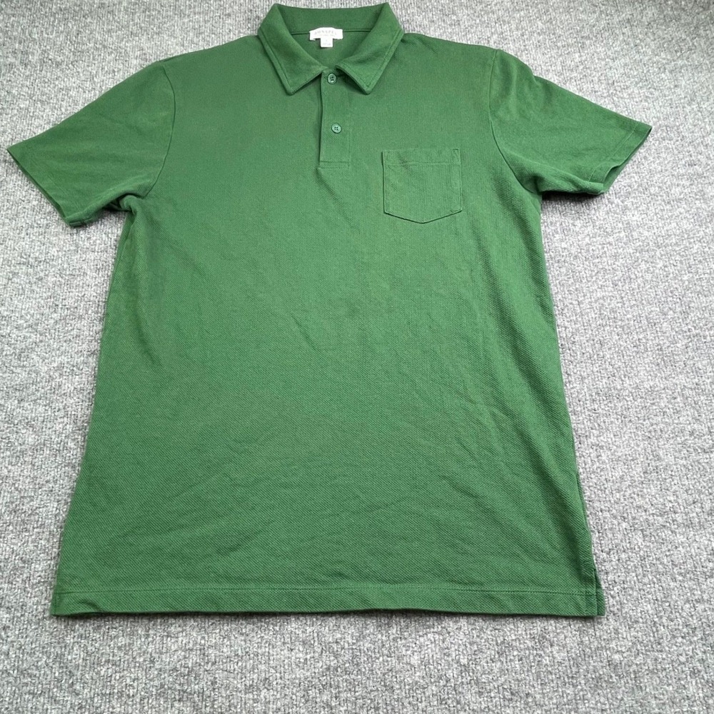 Sunspel Riviera Polo Shirt Mens L Green Cotton Pique Short Sleeve Chest Pocket